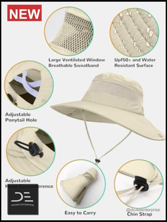 Sun Hat with Ponytail Hole, UPF 50+ Waterproof Hiking Hat, Breathable Outdoor